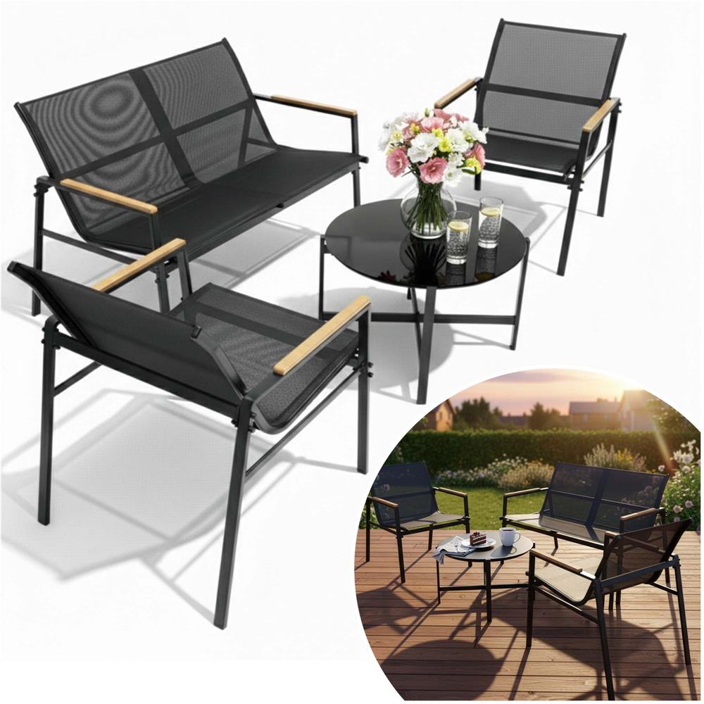 Set mobilier gradina 4 locuri, canapea 2 locuri, 2 scaune si masa rotunda sticla, cadru metalic, 119x71x82 cm, negru