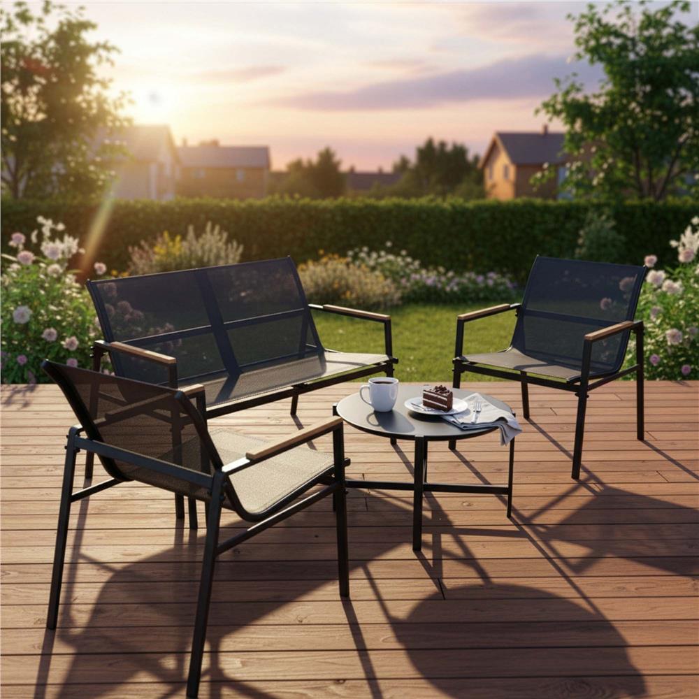 Set mobilier gradina 4 locuri, canapea 2 locuri, 2 scaune si masa rotunda sticla, cadru metalic, 119x71x82 cm, negru