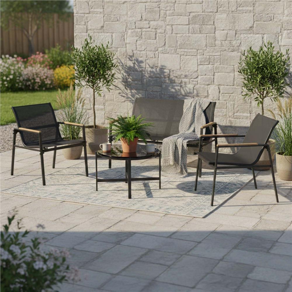 Set mobilier gradina 4 locuri, canapea 2 locuri, 2 scaune si masa rotunda sticla, cadru metalic, 119x71x82 cm, negru