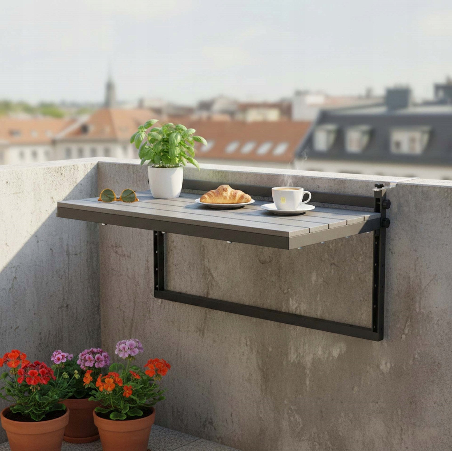 Masuta balcon suspendata cu prindere pe balustrada, 80x37 cm, pliabila, reglabila pe inaltime, negru