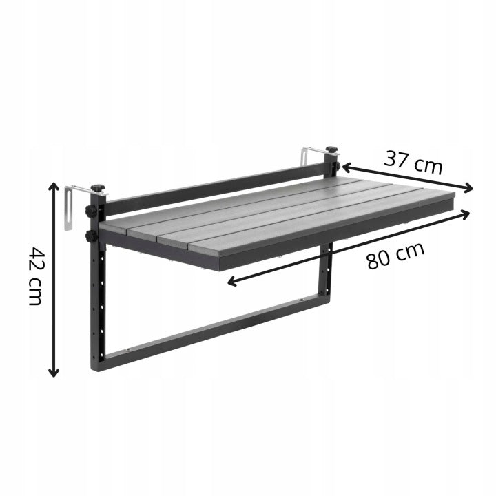 Masuta balcon suspendata cu prindere pe balustrada, 80x37 cm, pliabila, reglabila pe inaltime, negru