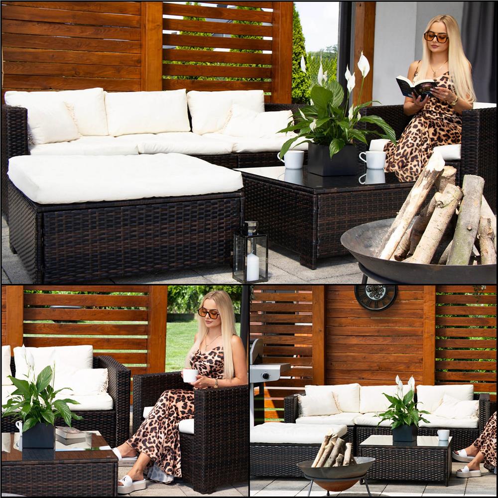 Set mobilier gradina 6 piese din technorattan cu masa si perne, instalare modulara configurabila, maro si crem