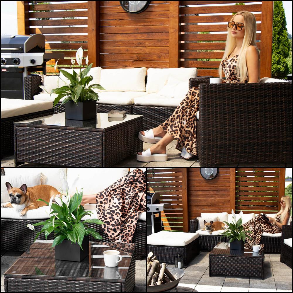 Set mobilier gradina 6 piese din technorattan cu masa si perne, instalare modulara configurabila, maro si crem