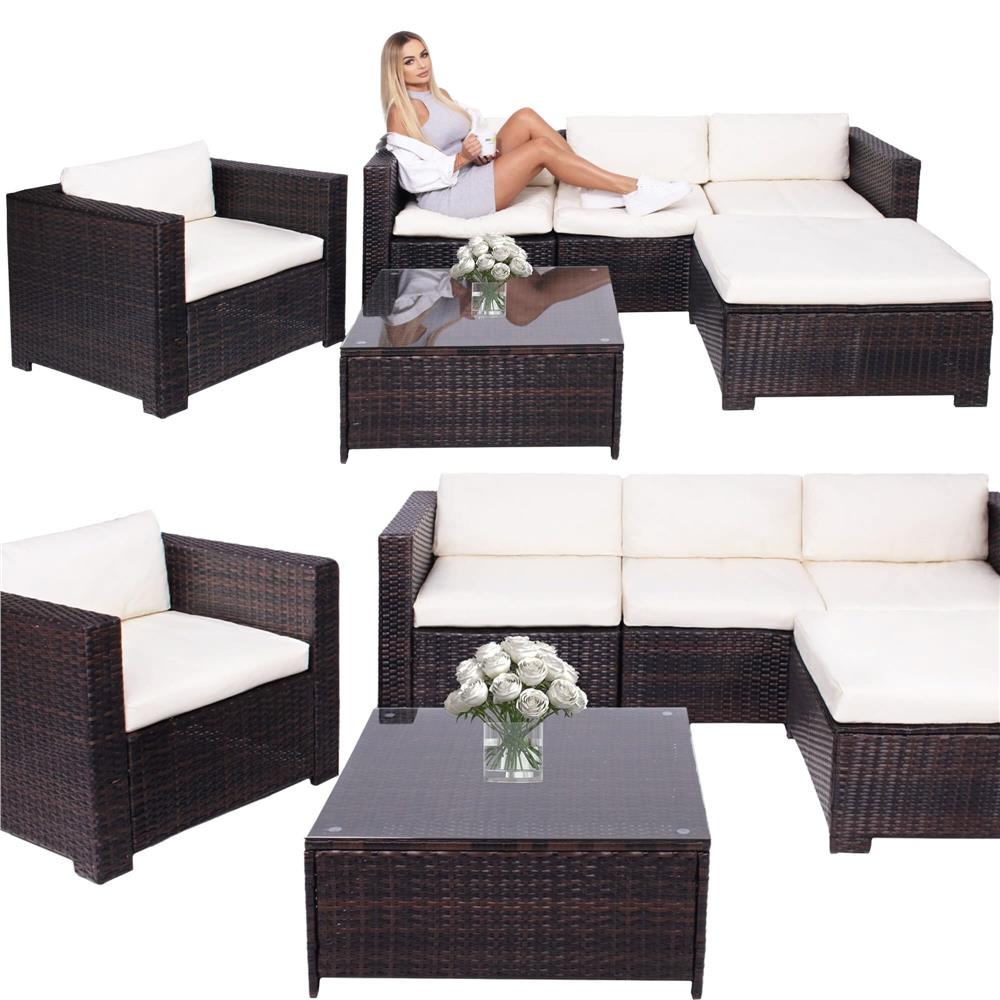 Set mobilier gradina 6 piese din technorattan cu masa si perne, instalare modulara configurabila, maro si crem