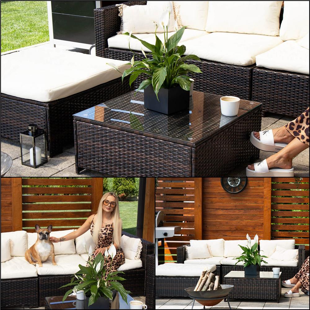 Set mobilier gradina 6 piese din technorattan cu masa si perne, instalare modulara configurabila, maro si crem