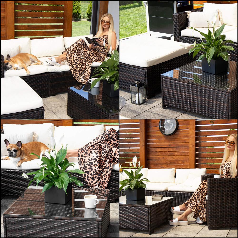 Set mobilier gradina 6 piese din technorattan cu masa si perne, instalare modulara configurabila, maro si crem
