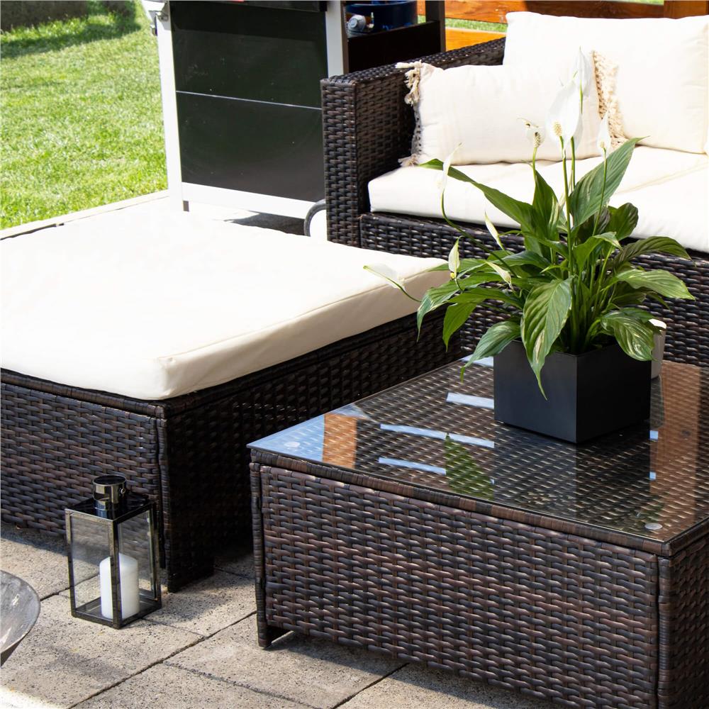 Set mobilier gradina 6 piese din technorattan cu masa si perne, instalare modulara configurabila, maro si crem