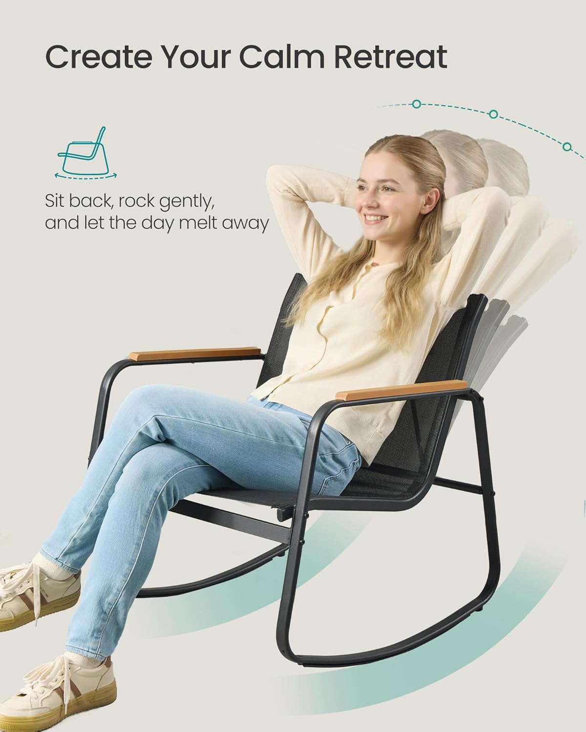 SONGMICS Set mobilier gradina cu 2 scaune balansoar si masa, cadru metalic, negru