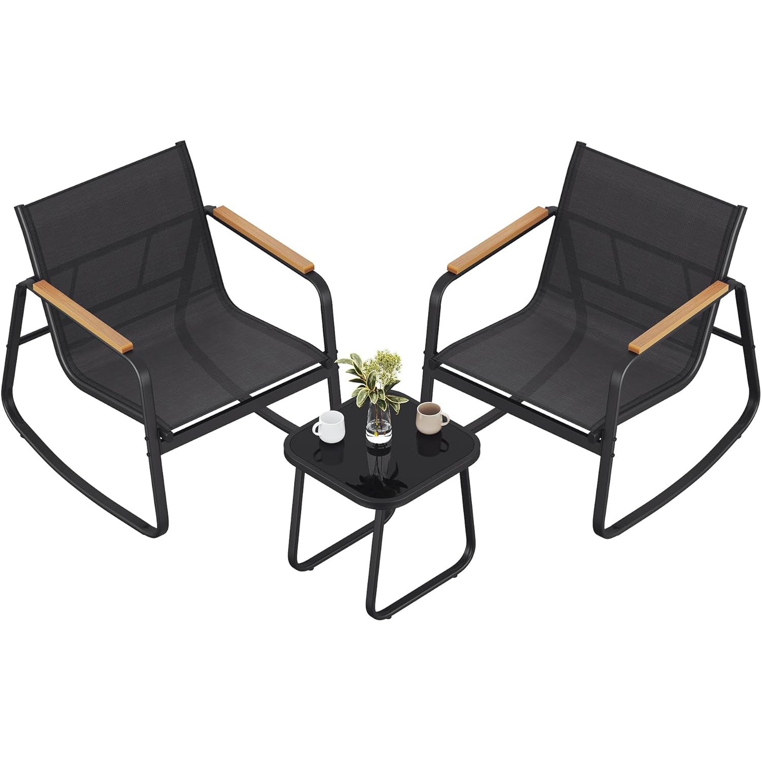 SONGMICS Set mobilier gradina cu 2 scaune balansoar si masa, cadru metalic, negru