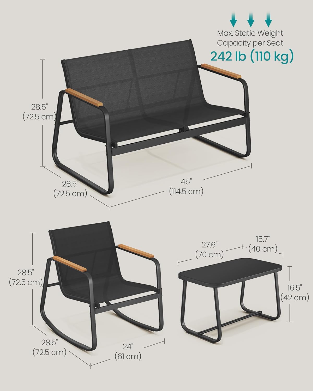 SONGMICS Set mobilier gradina 4 locuri, 2 scaune balansoar, canapea si masa, cadru metalic, negru