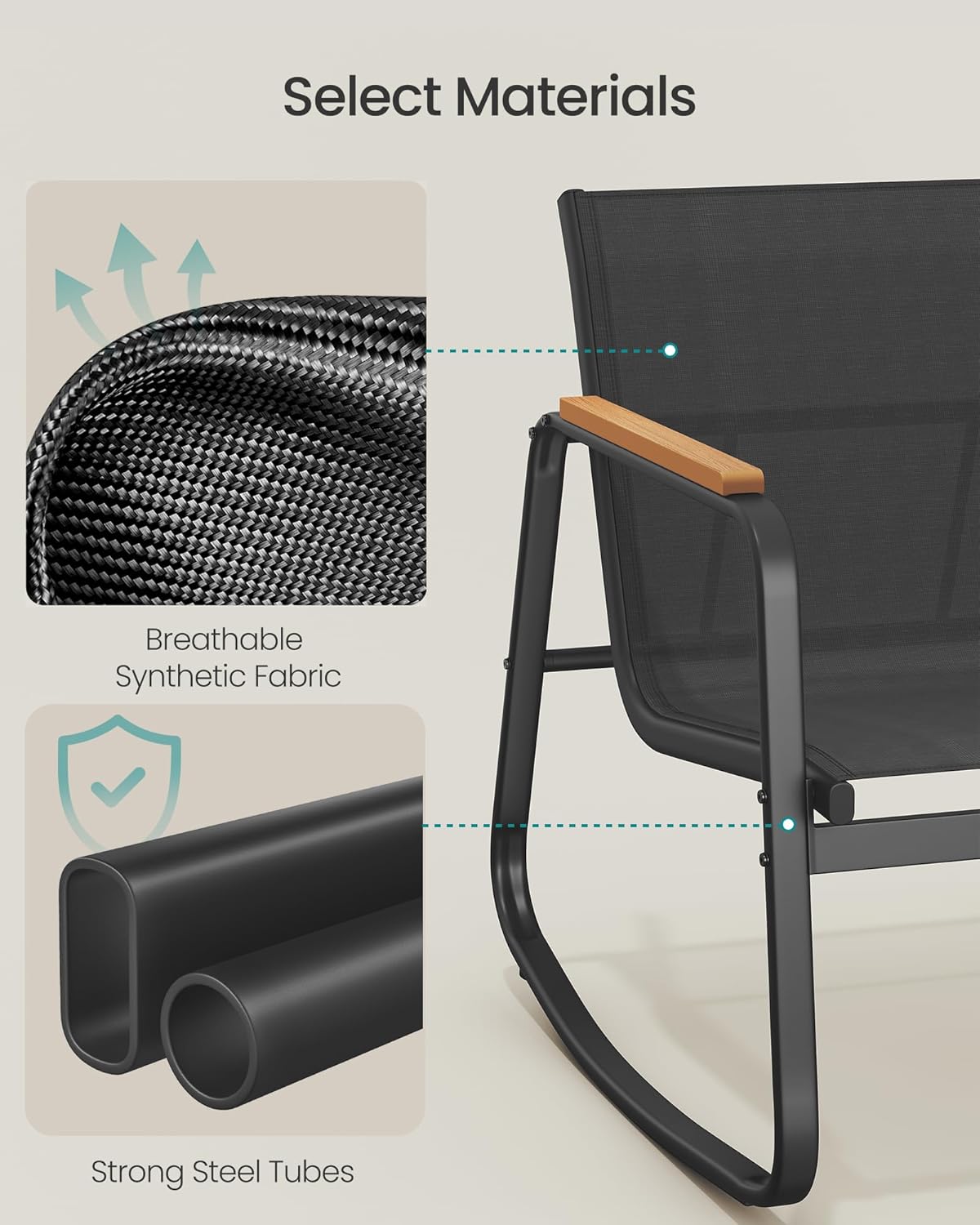 SONGMICS Set mobilier gradina 4 locuri, 2 scaune balansoar, canapea si masa, cadru metalic, negru