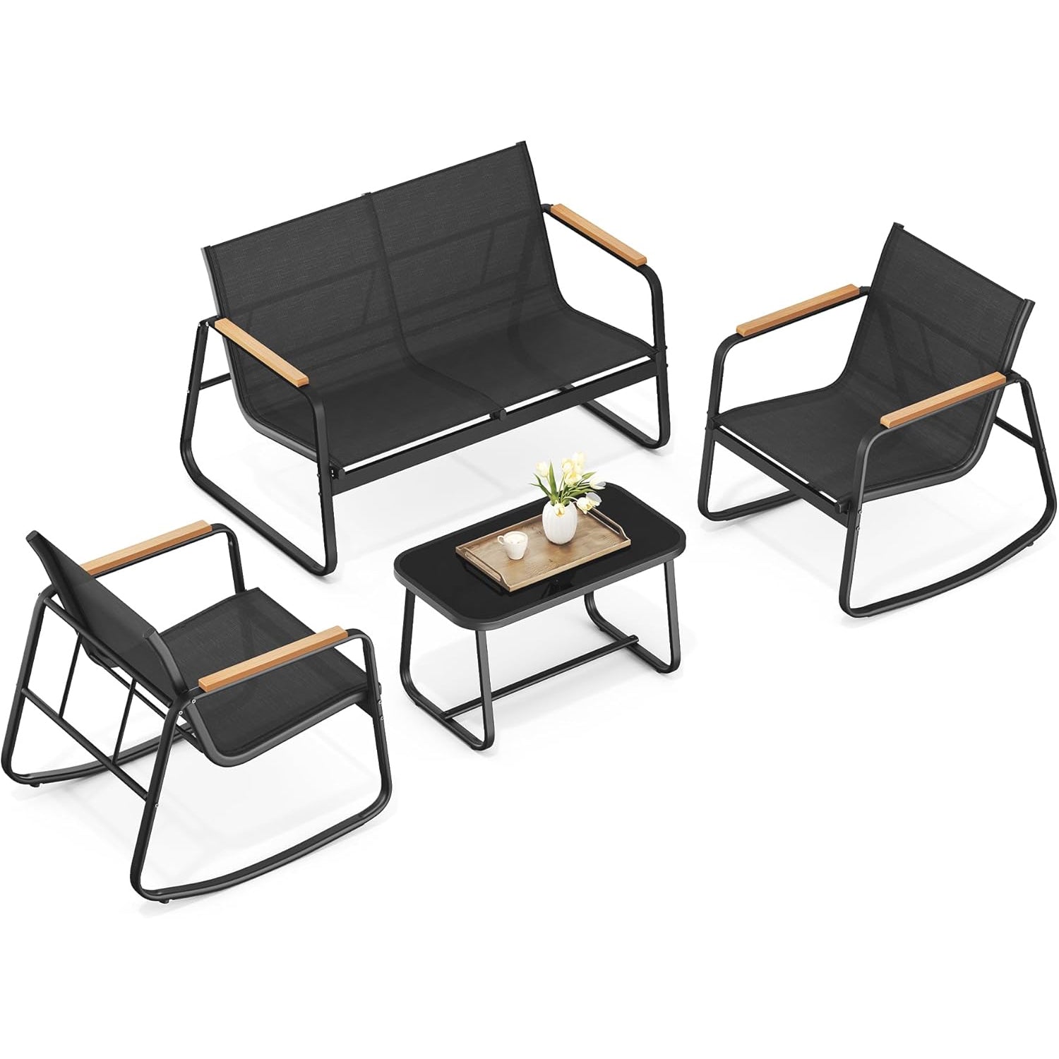 SONGMICS Set mobilier gradina 4 locuri, 2 scaune balansoar, canapea si masa, cadru metalic, negru