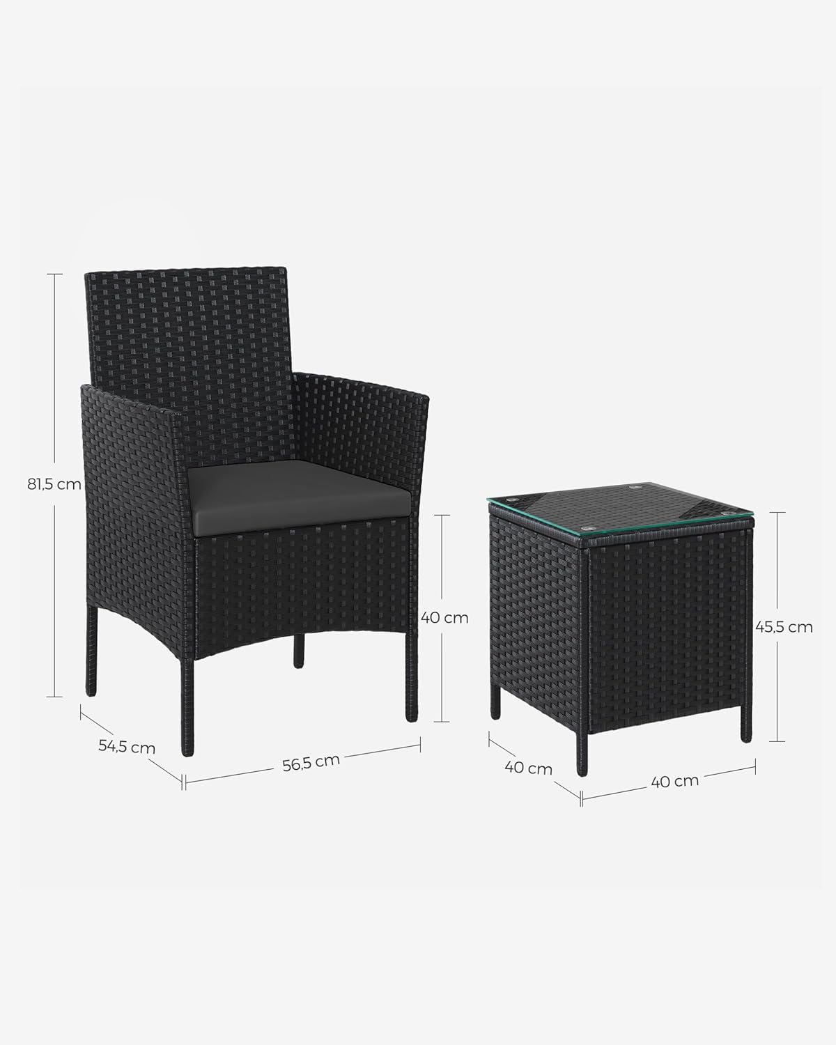 SONGMICS Set mobilier gradina cu 2 locuri, 2 scaune si masa cu sticla, ratan PE, negru si gri