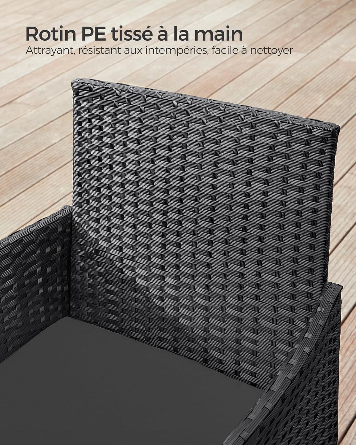 SONGMICS Set mobilier gradina cu 2 locuri, 2 scaune si masa cu sticla, ratan PE, negru si gri