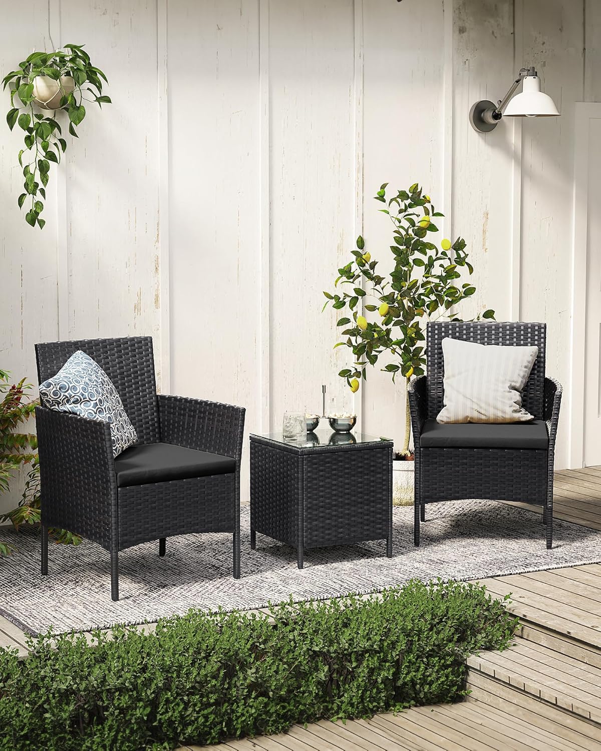 SONGMICS Set mobilier gradina cu 2 locuri, 2 scaune si masa cu sticla, ratan PE, negru si gri