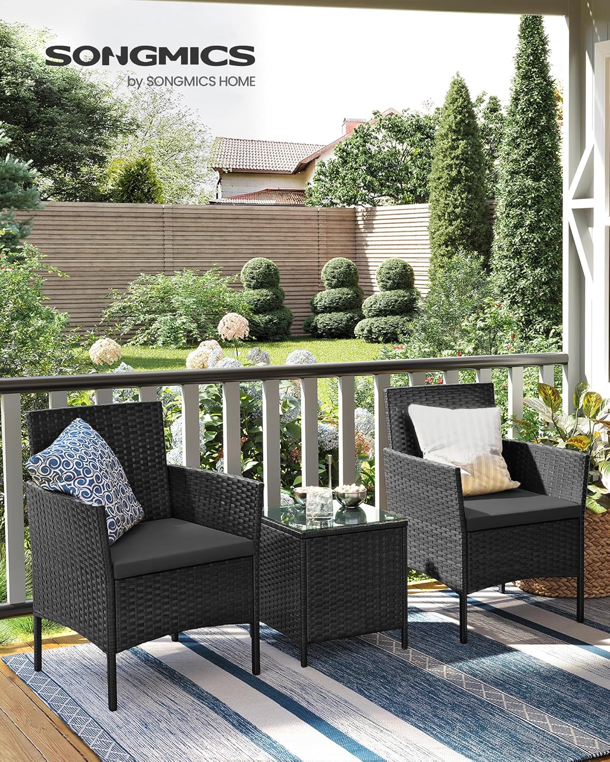SONGMICS Set mobilier gradina cu 2 locuri, 2 scaune si masa cu sticla, ratan PE, negru si gri