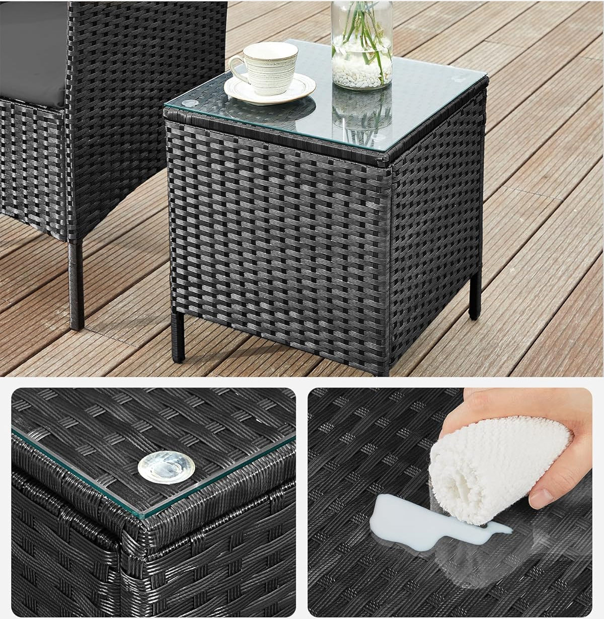 SONGMICS Set mobilier gradina cu 2 locuri, 2 scaune si masa cu sticla, ratan PE, negru si gri