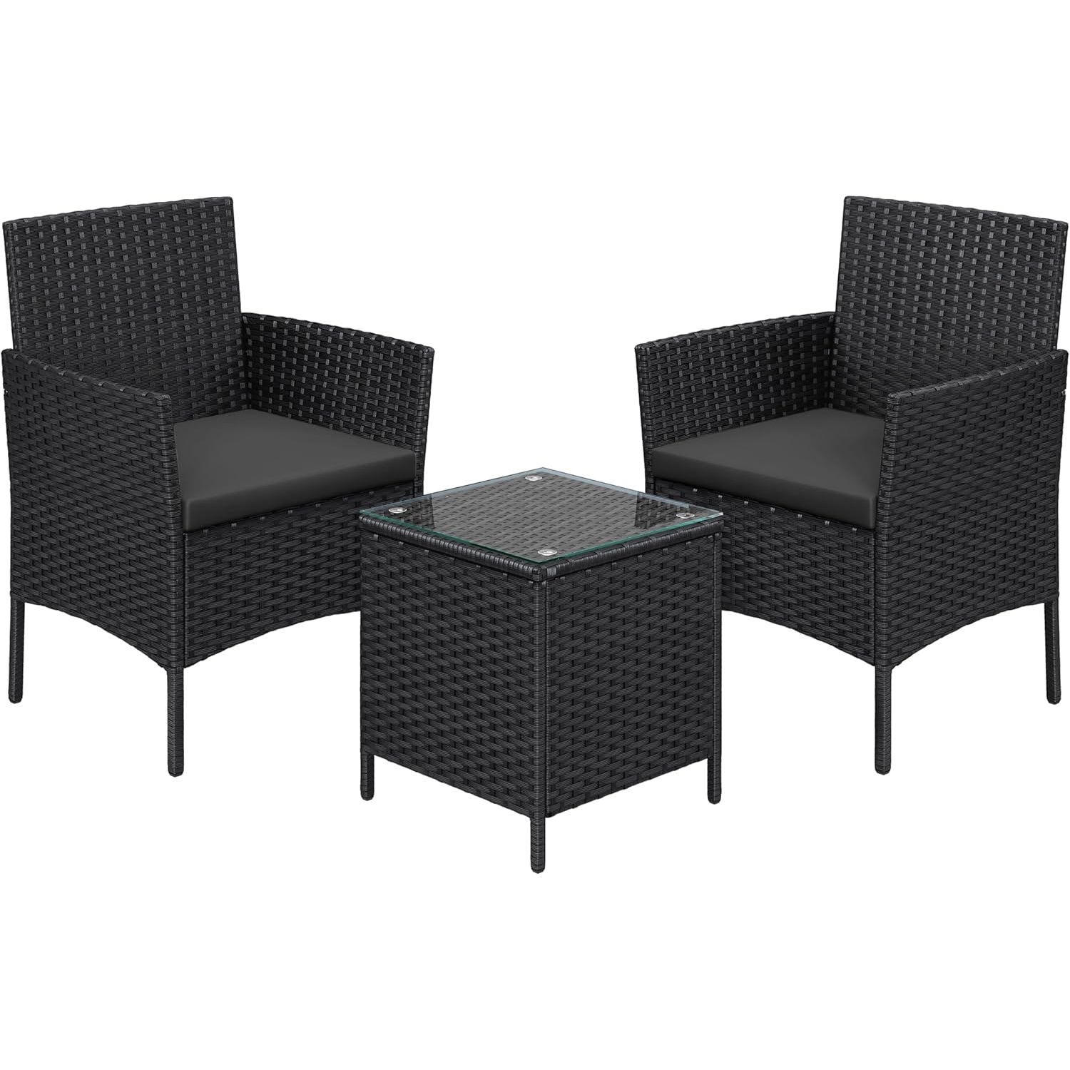 SONGMICS Set mobilier gradina cu 2 locuri, 2 scaune si masa cu sticla, ratan PE, negru si gri