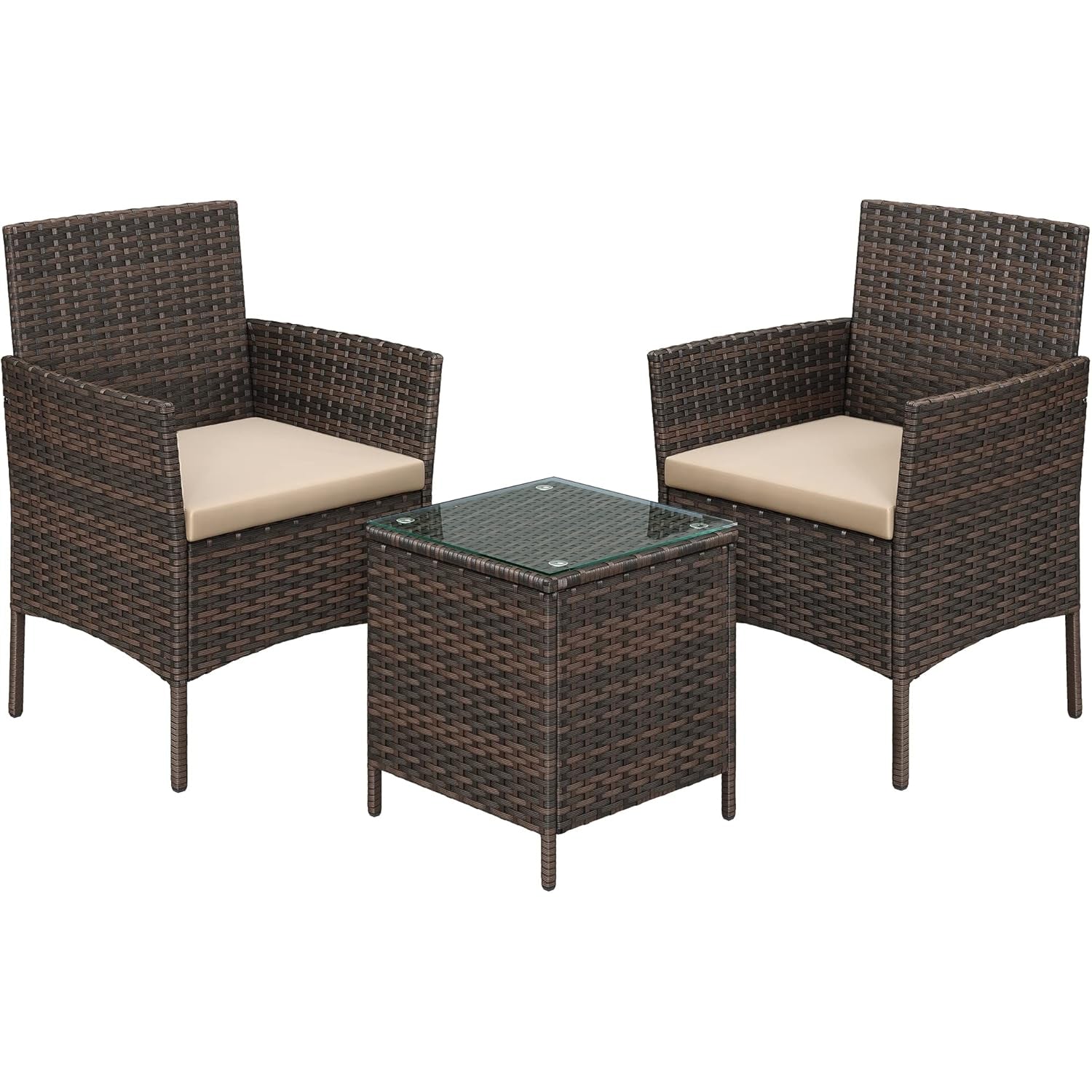 SONGMICS Set mobilier gradina cu 2 locuri, 2 scaune si masa cu sticla, ratan PE, maro