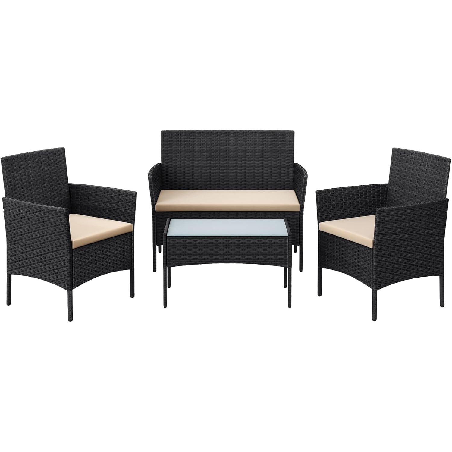 SONGMICS Set mobilier gradina 4 locuri, canapea, 2 scaune si masa cu sticla, ratan PE, negru