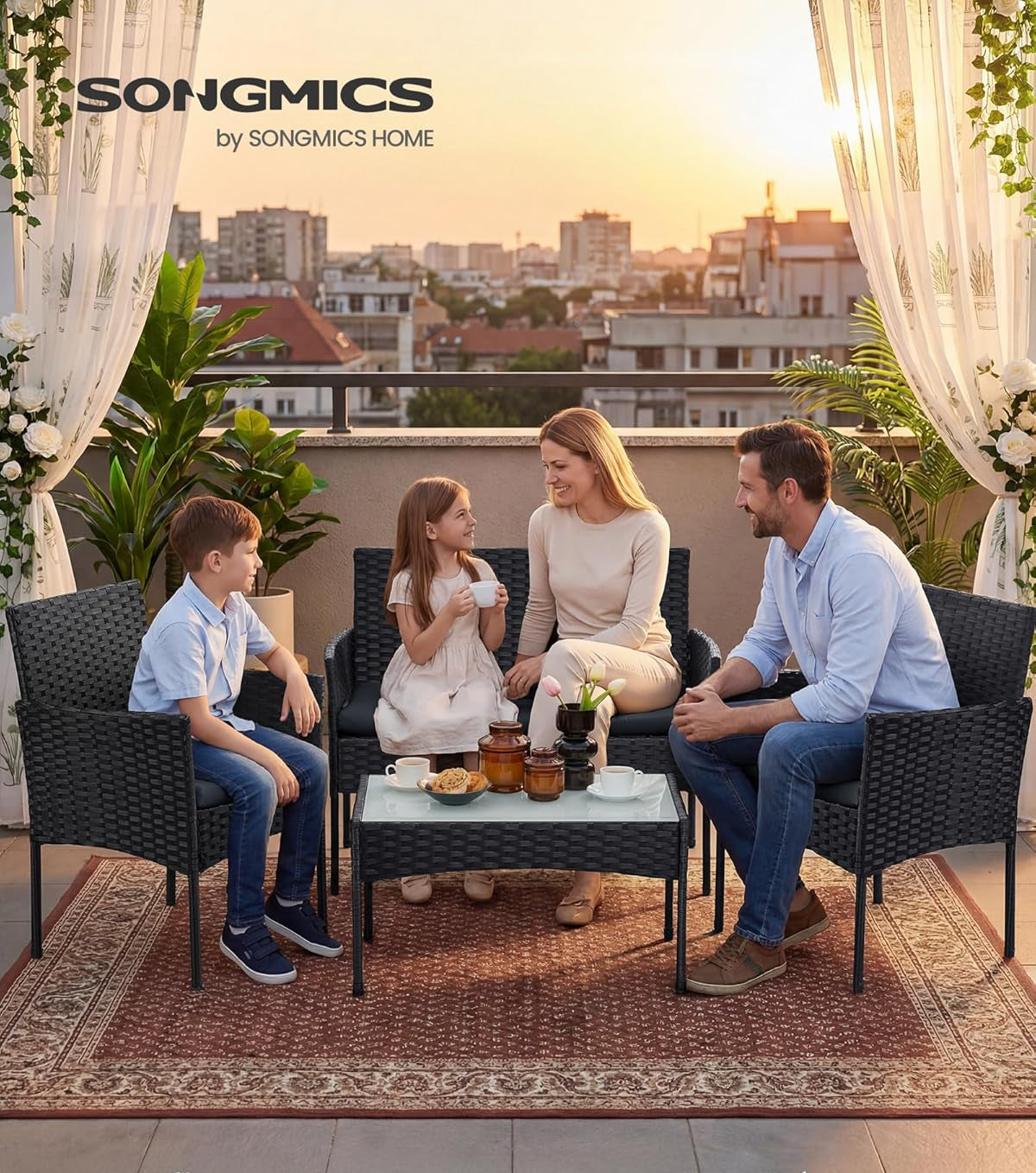 SONGMICS Set mobilier gradina 4 locuri, canapea, 2 scaune si masa cu sticla, ratan PE, negru si gri