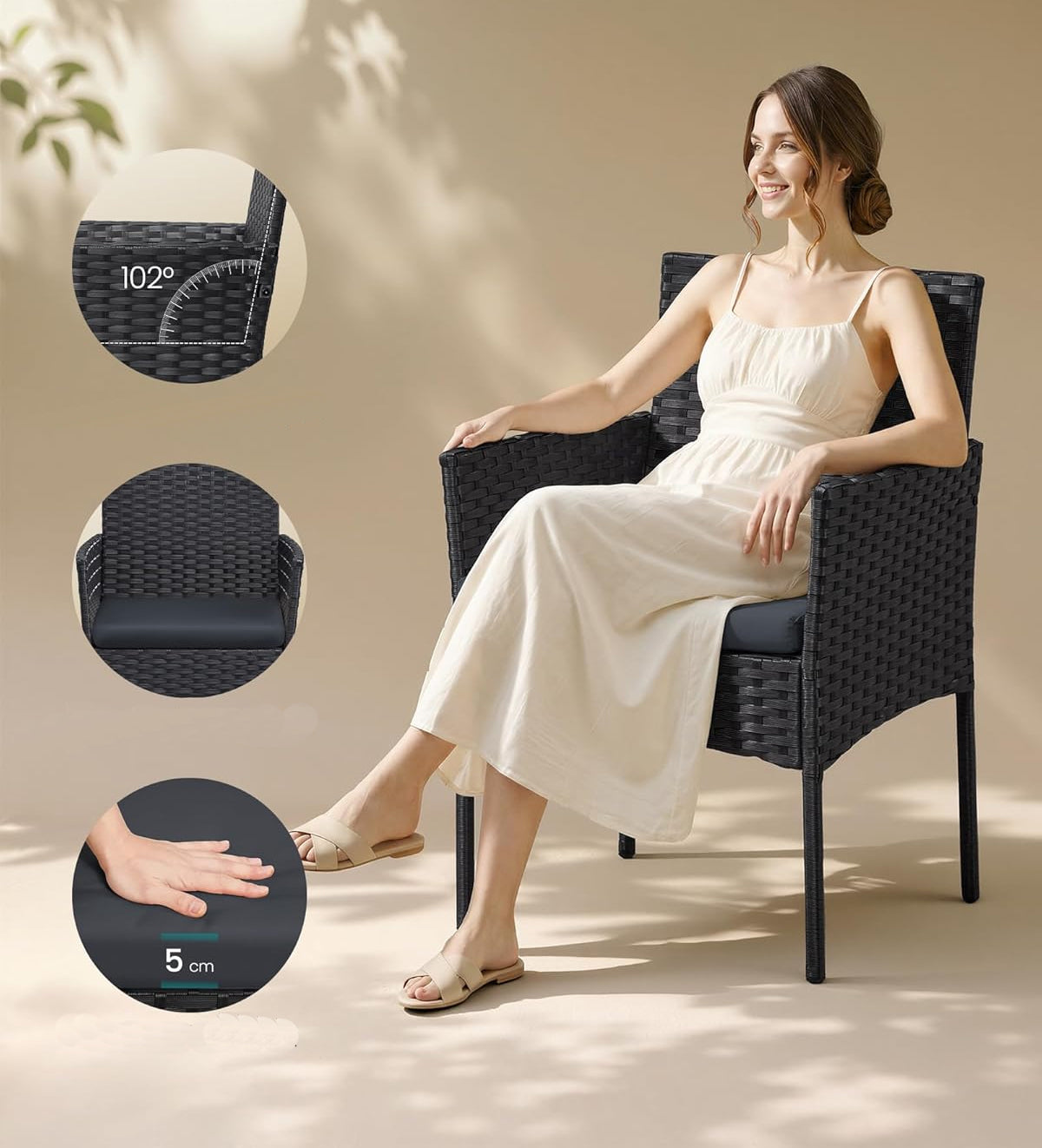 SONGMICS Set mobilier gradina 4 locuri, canapea, 2 scaune si masa cu sticla, ratan PE, negru si gri
