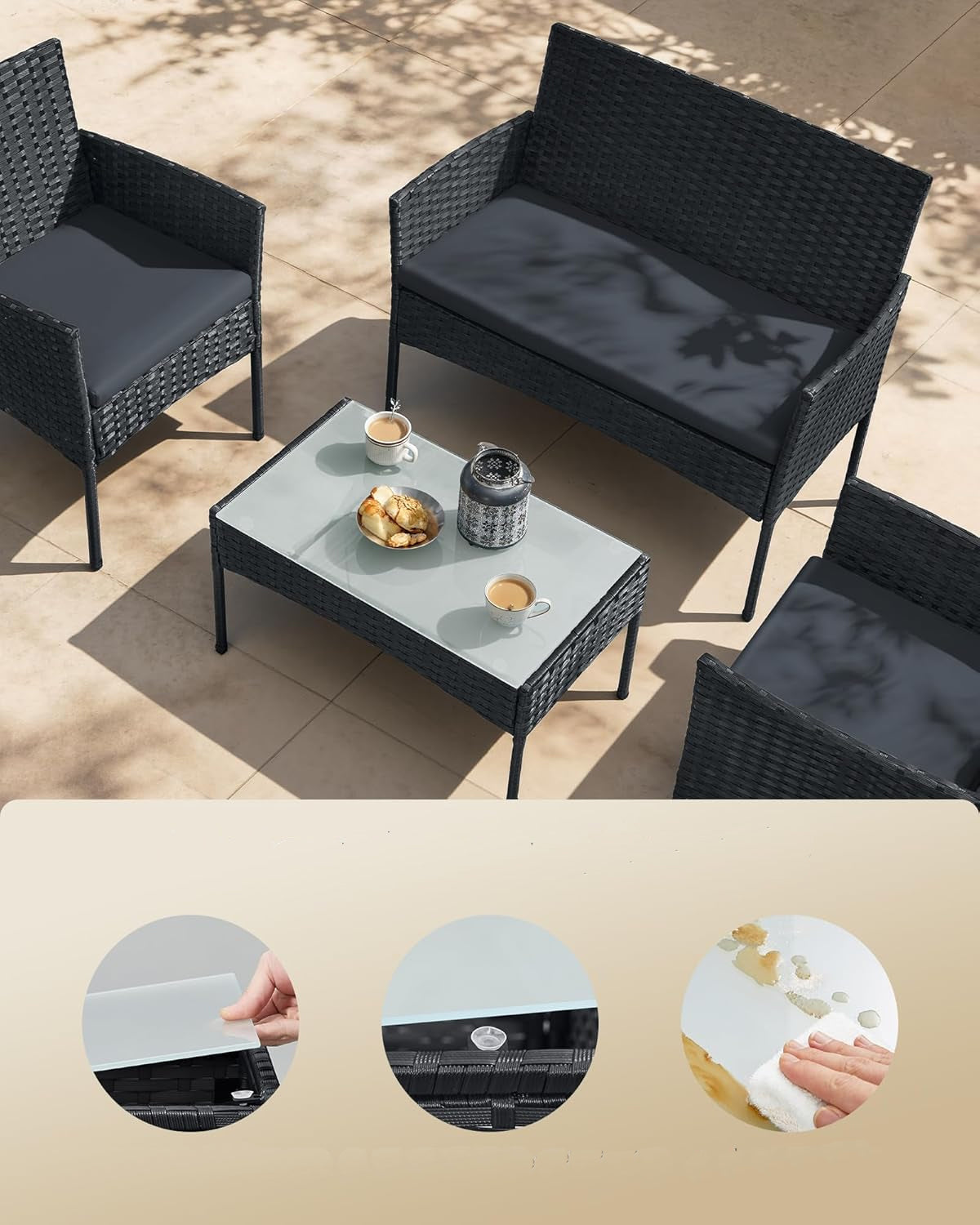 SONGMICS Set mobilier gradina 4 locuri, canapea, 2 scaune si masa cu sticla, ratan PE, negru si gri