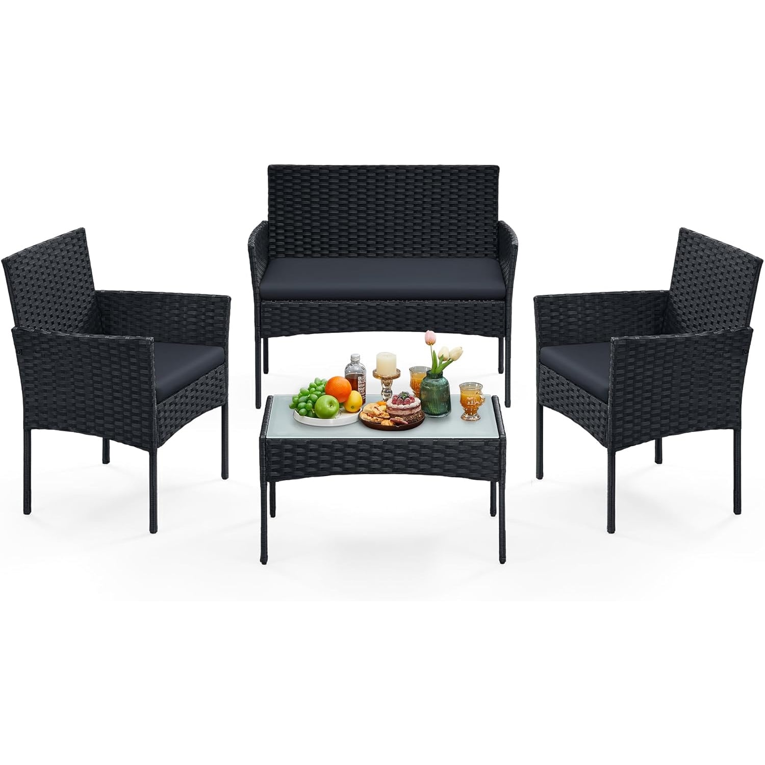 SONGMICS Set mobilier gradina 4 locuri, canapea, 2 scaune si masa cu sticla, ratan PE, negru si gri