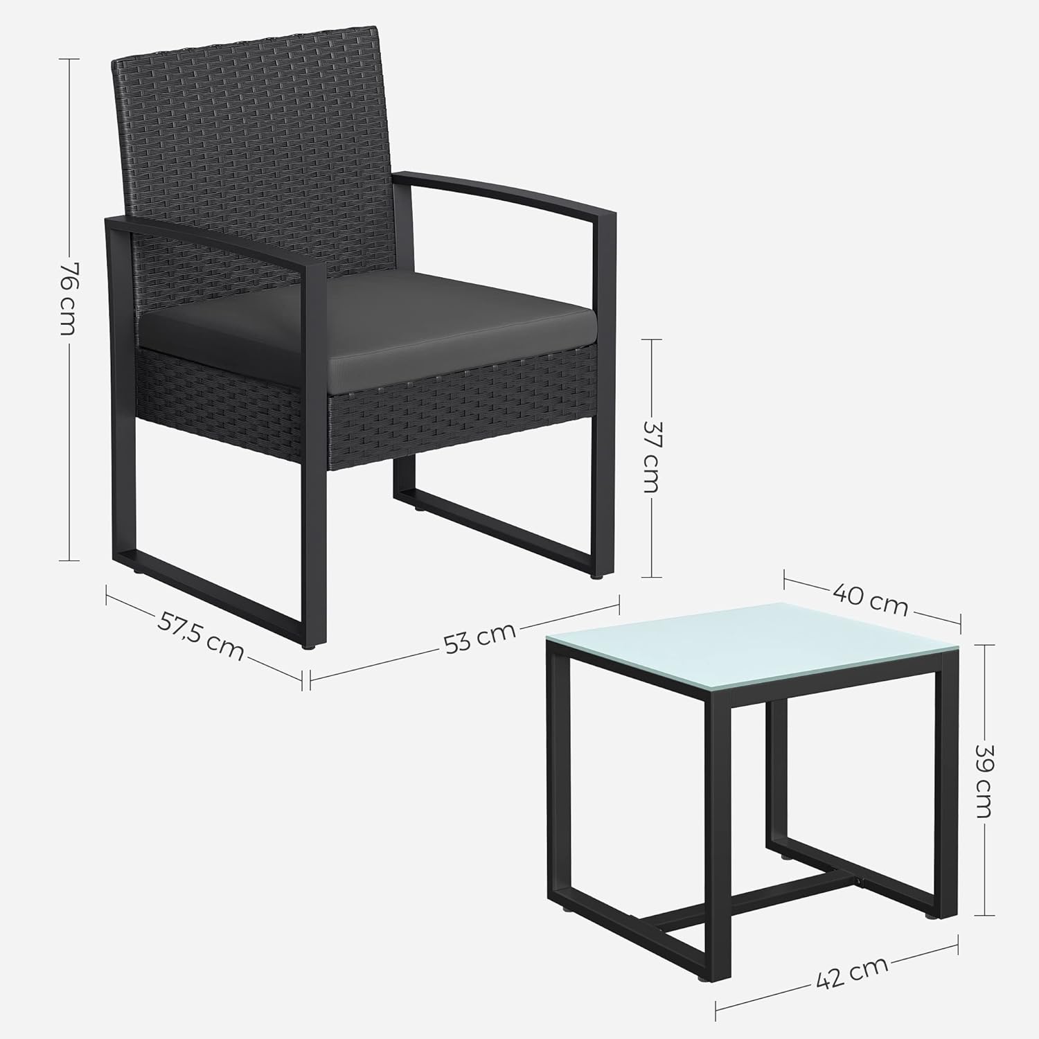 SONGMICS Set mobilier pentru gradina cu 2 scaune cu perne si masuta, cadru metalic, impletitura PE, negru si gri