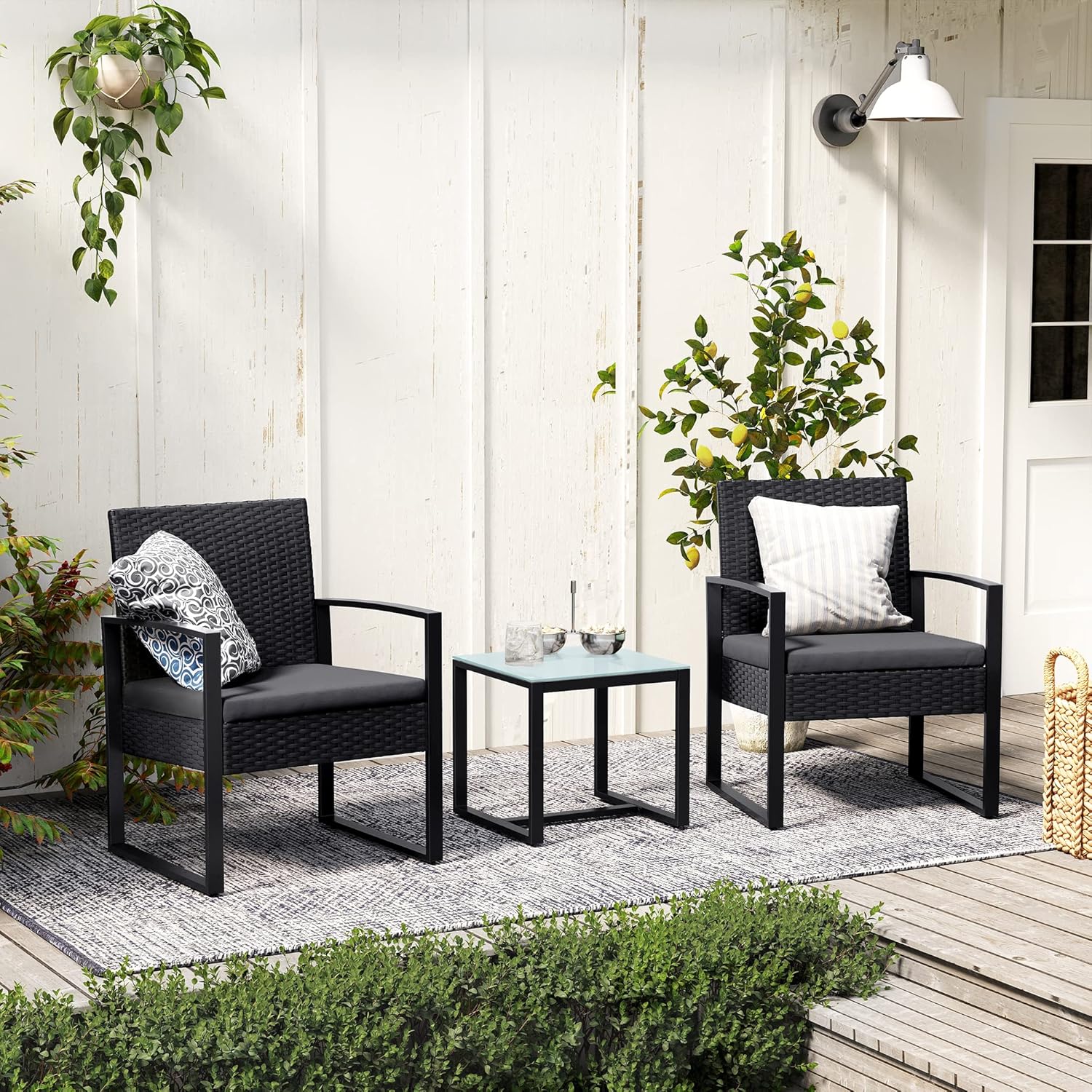 SONGMICS Set mobilier pentru gradina cu 2 scaune cu perne si masuta, cadru metalic, impletitura PE, negru si gri