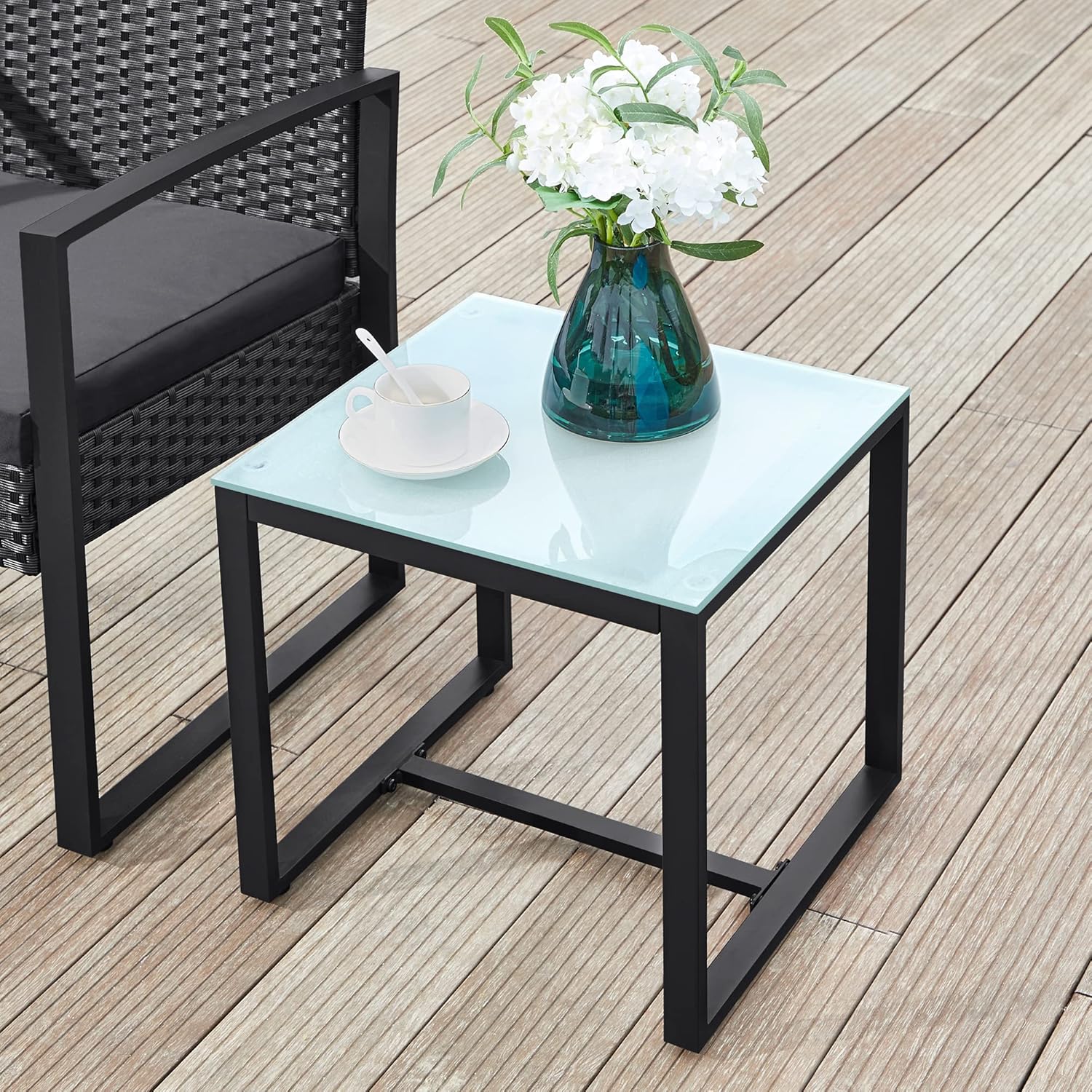 SONGMICS Set mobilier pentru gradina cu 2 scaune cu perne si masuta, cadru metalic, impletitura PE, negru si gri