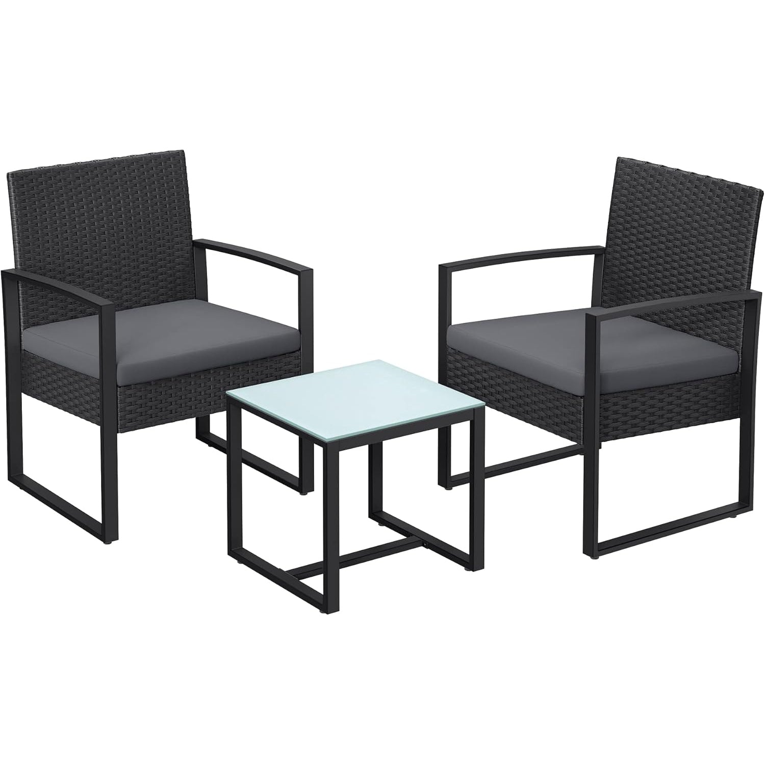 SONGMICS Set mobilier pentru gradina cu 2 scaune cu perne si masuta, cadru metalic, impletitura PE, negru si gri