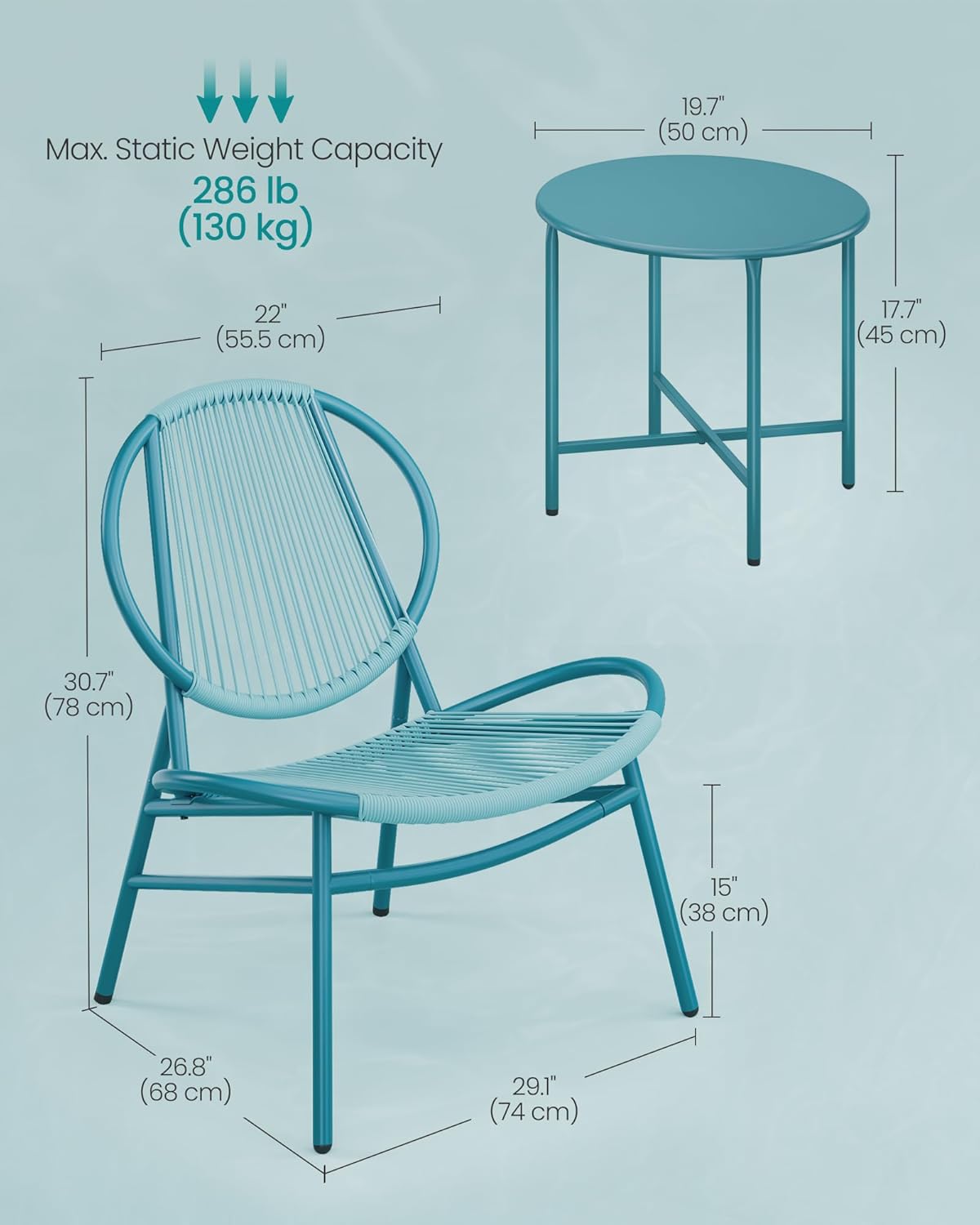 SONGMICS Set bistro gradina 3 piese, scaune Acapulco si masa diametru 50 cm, cadru metalic, albastru