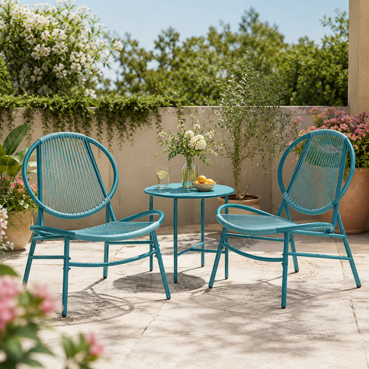SONGMICS Set bistro gradina 3 piese, scaune Acapulco si masa diametru 50 cm, cadru metalic, albastru