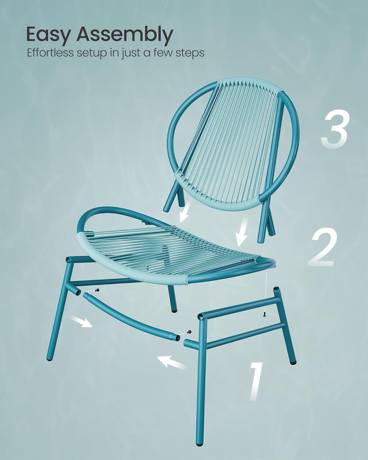 SONGMICS Set bistro gradina 3 piese, scaune Acapulco si masa diametru 50 cm, cadru metalic, albastru