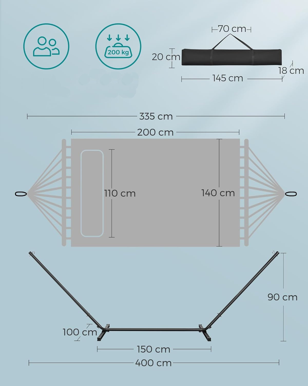 SONGMICS Hamac cu suport metalic, cu suprafata captusita, reglabil, include perna, 200 kg, 400x100x90 cm, albastru