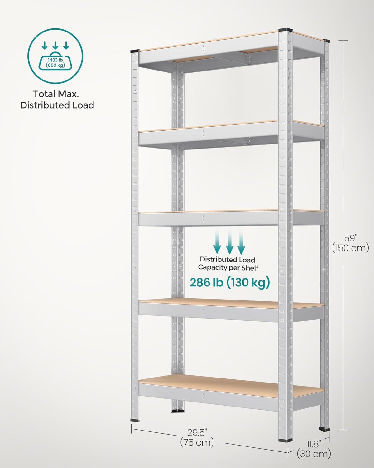 SONGMICS Raft cadru metalic modular pentru depozitare, 5 polite, 150x75x30cm, sarcina 650 kg, argintiu