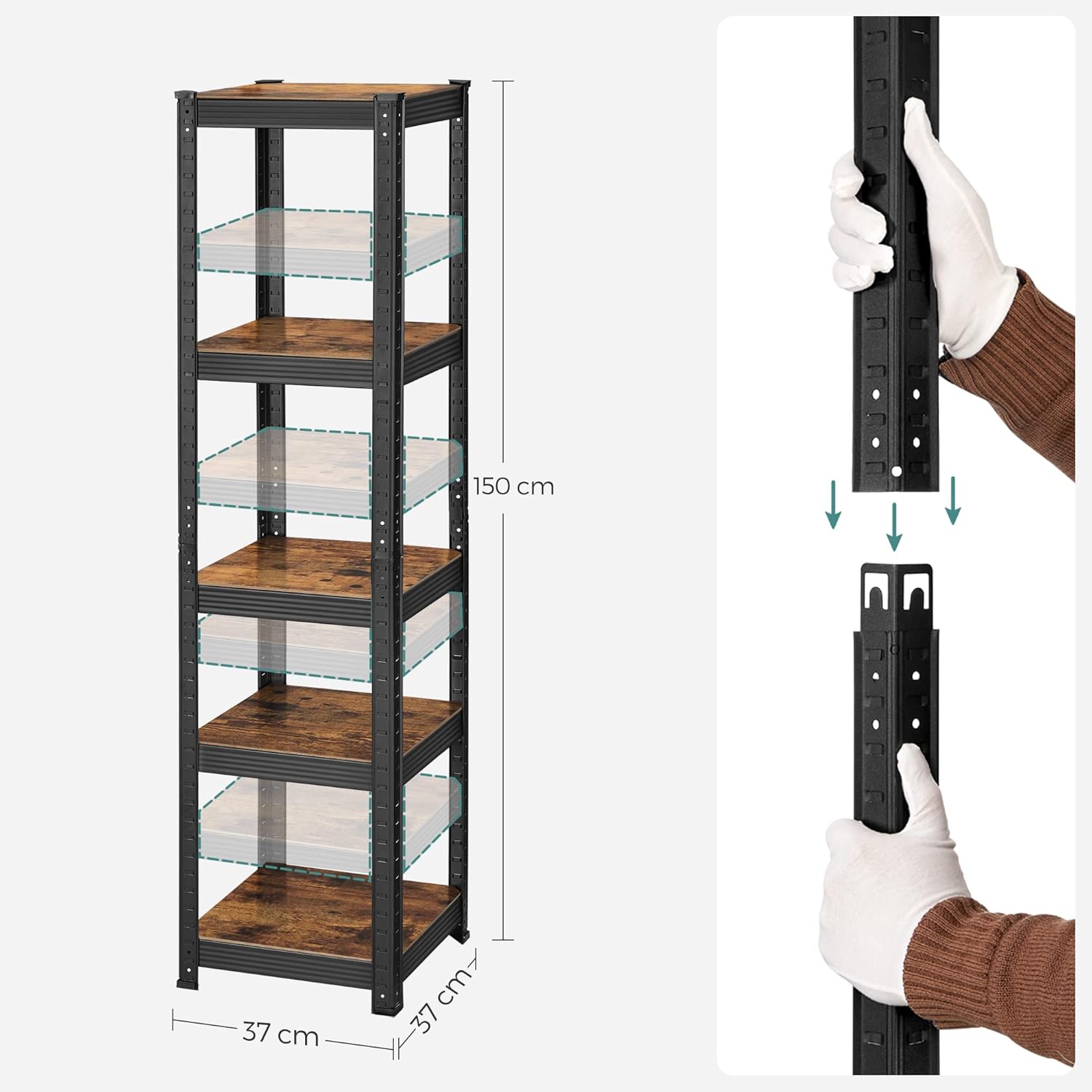 SONGMICS Etajera 5 rafturi ajustabile, structura metalica, stil industrial, MDF, 37x37x150 cm, maro si negru