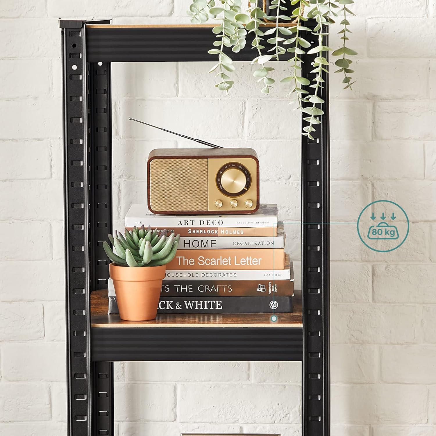 SONGMICS Etajera 5 rafturi ajustabile, structura metalica, stil industrial, MDF, 37x37x150 cm, maro si negru