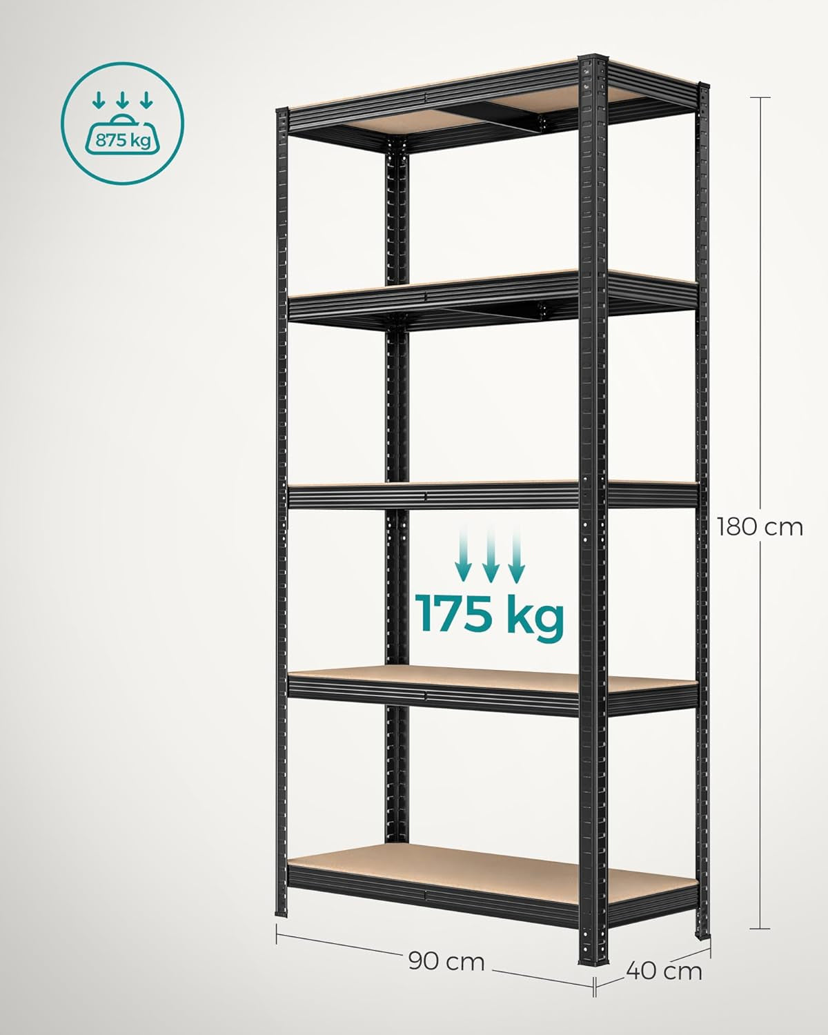 SONGMICS Set 2 rafturi metalice cu 5 niveluri reglabile, din otel si MDF, 90x40x180 cm, sarcina 875 kg, negru