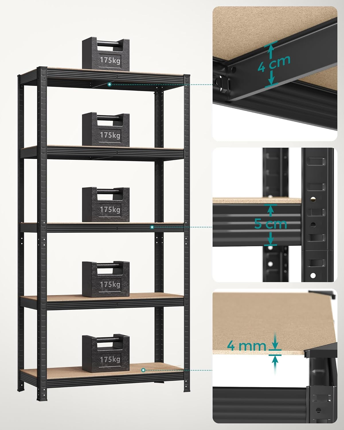 SONGMICS Set 2 rafturi metalice cu 5 niveluri reglabile, din otel si MDF, 90x40x180 cm, sarcina 875 kg, negru