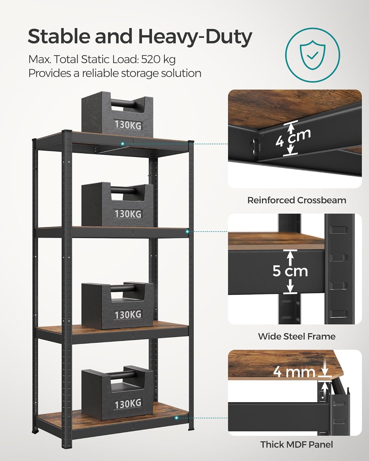 SONGMICS Raft depozitare metalic cu aspect elegant, 5 niveluri, reglabil, 520 kg, 40x80x160 cm, maro rustic si negru