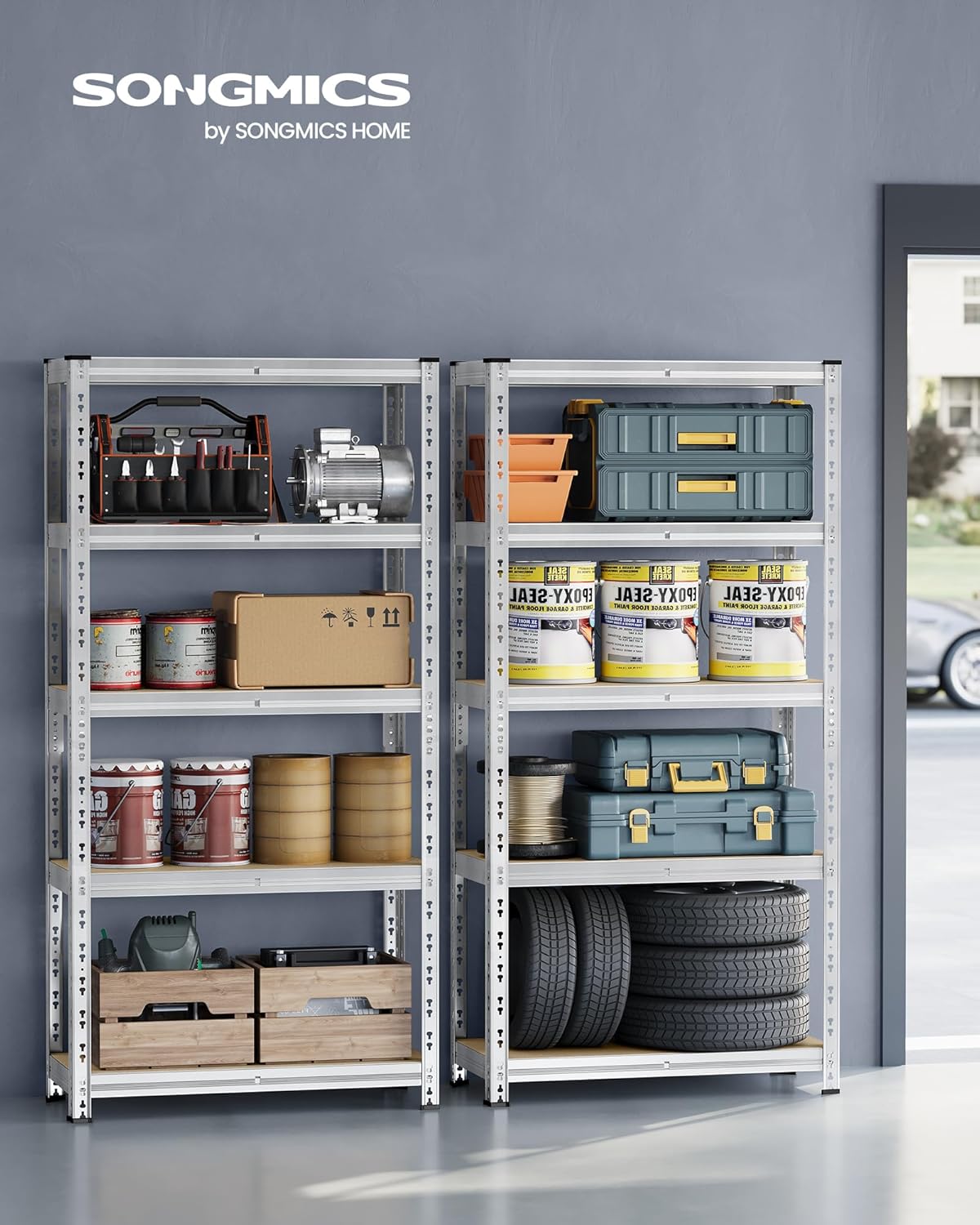 SONGMICS Set 2 rafturi metalice depozitare, 5 niveluri, reglabile, polite MDF, 875 kg, 40x90x180 cm, argintiu