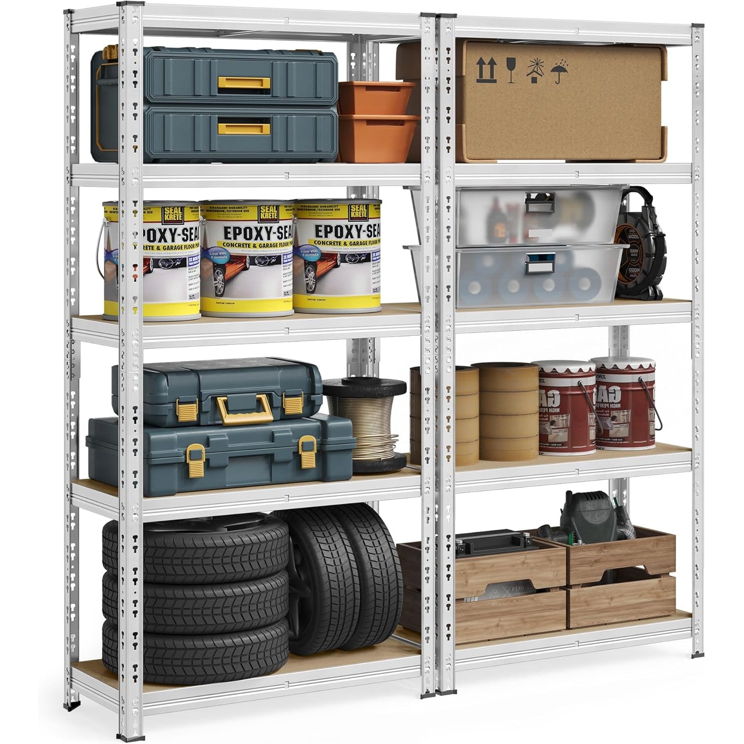 SONGMICS Set 2 rafturi metalice depozitare, 5 niveluri, reglabile, polite MDF, 875 kg, 40x90x180 cm, argintiu