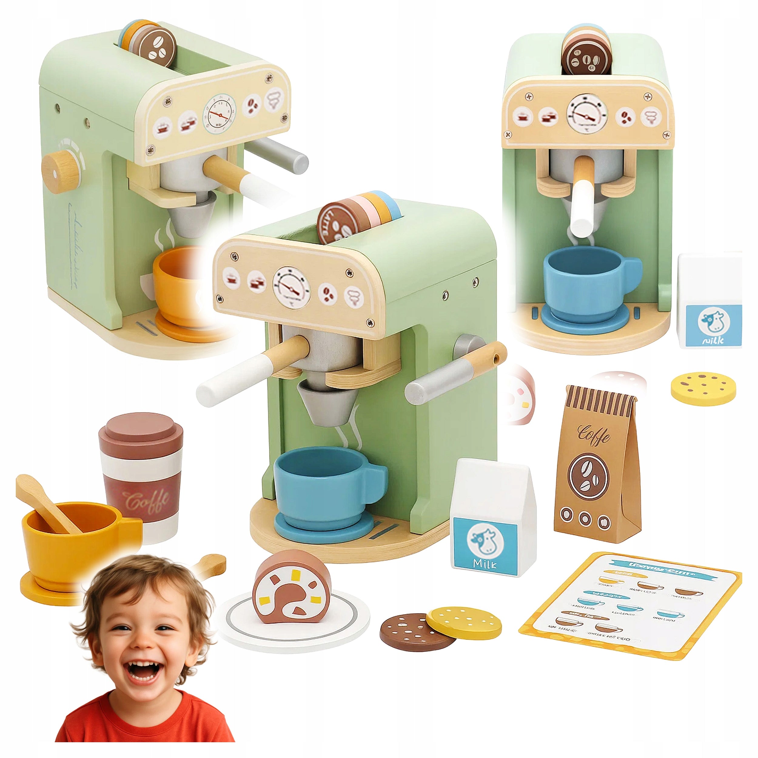 Set jucarie cafenea din lemn pentru copii, aparat cafea Espressor cu accesorii, 20x12x14 cm, multicolor