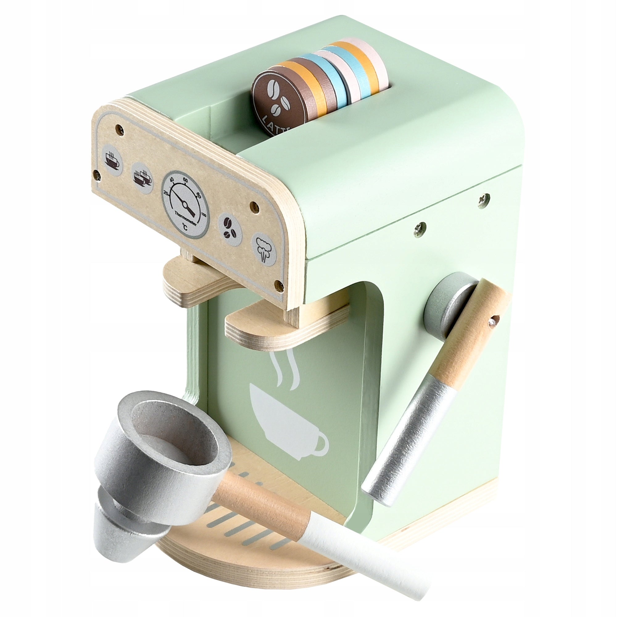 Set jucarie cafenea din lemn pentru copii, aparat cafea Espressor cu accesorii, 20x12x14 cm, multicolor