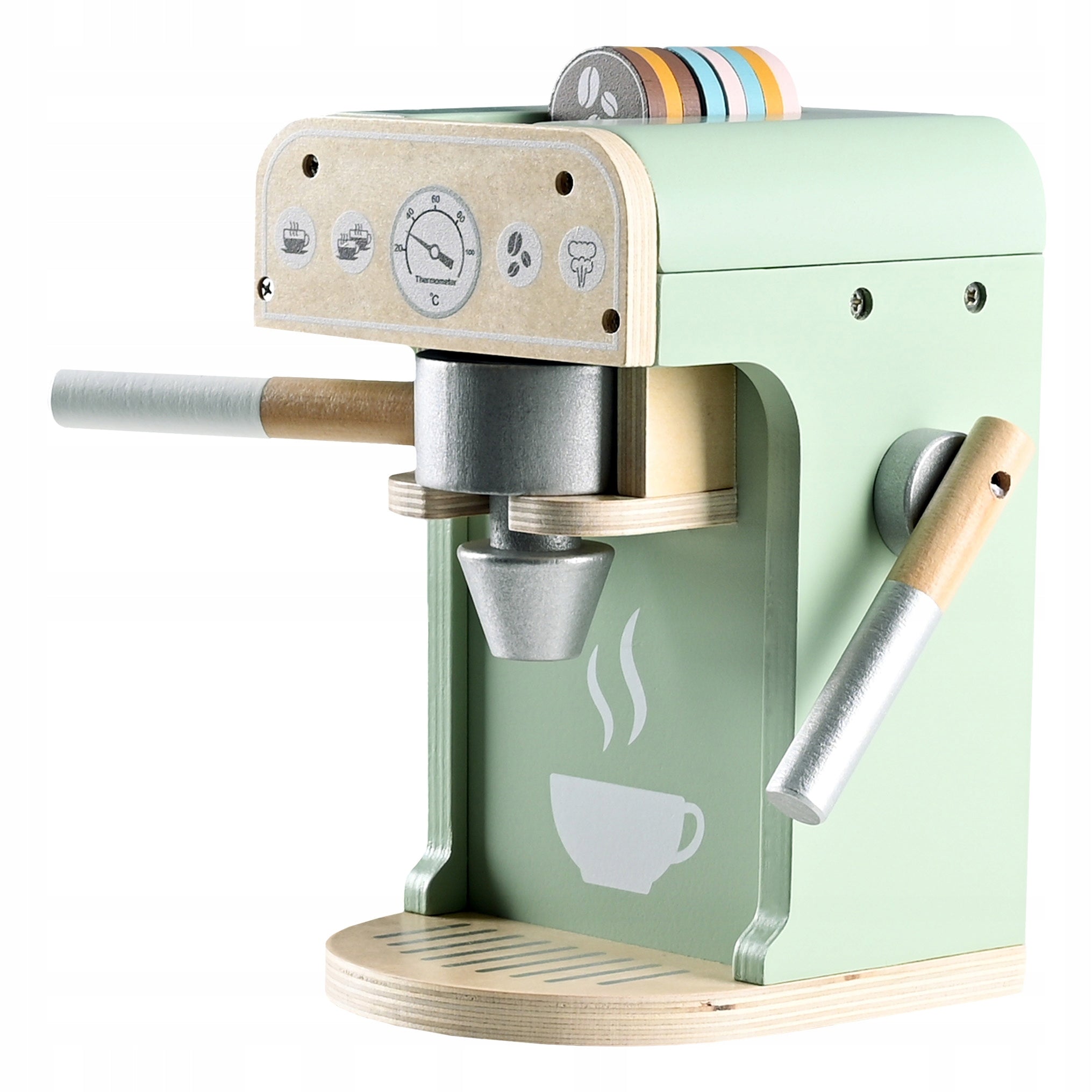 Set jucarie cafenea din lemn pentru copii, aparat cafea Espressor cu accesorii, 20x12x14 cm, multicolor