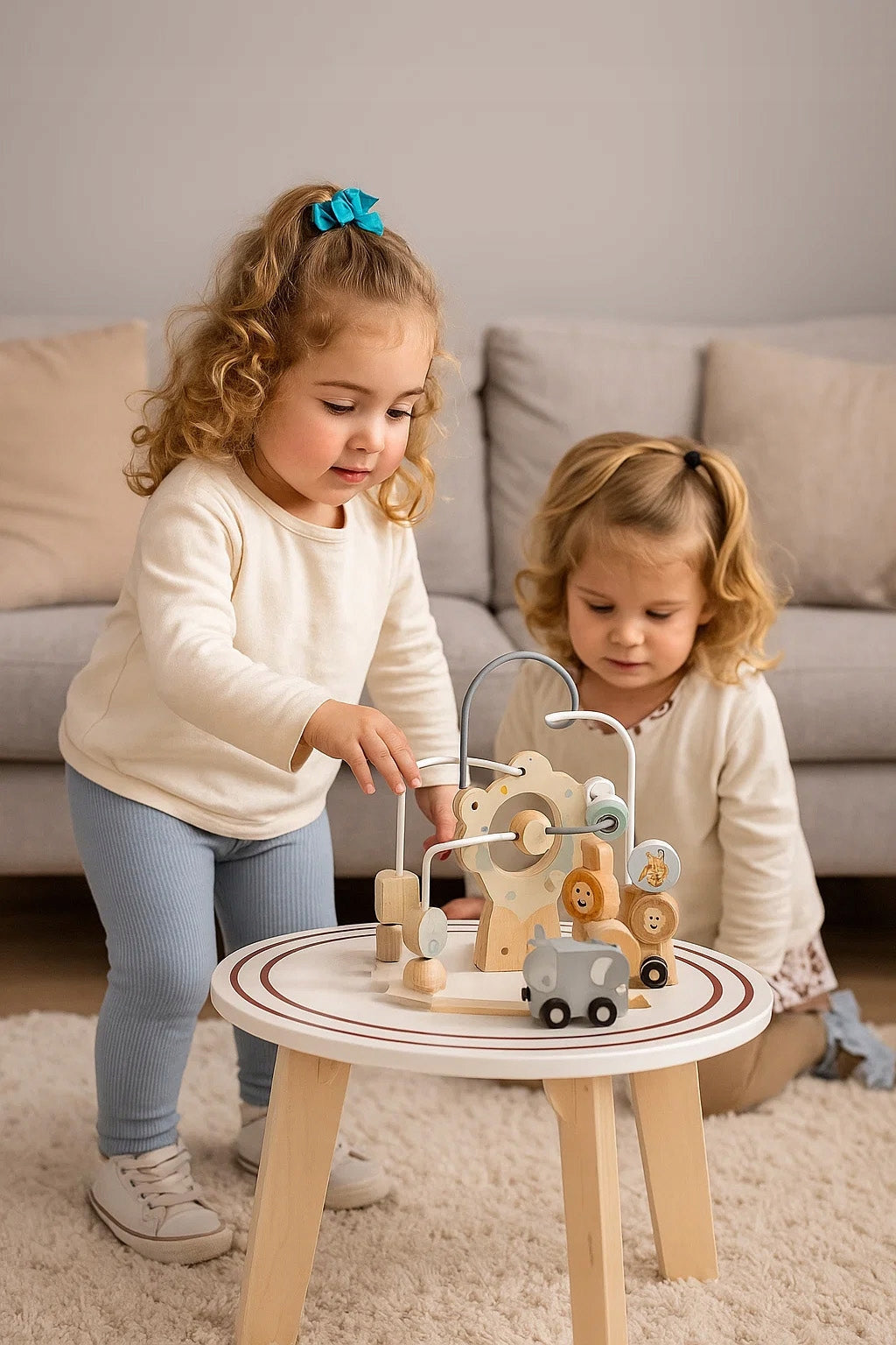 Masuta interactiva din lemn pentru copii cu labirint si jocuri motorii, 54 cm, multicolor