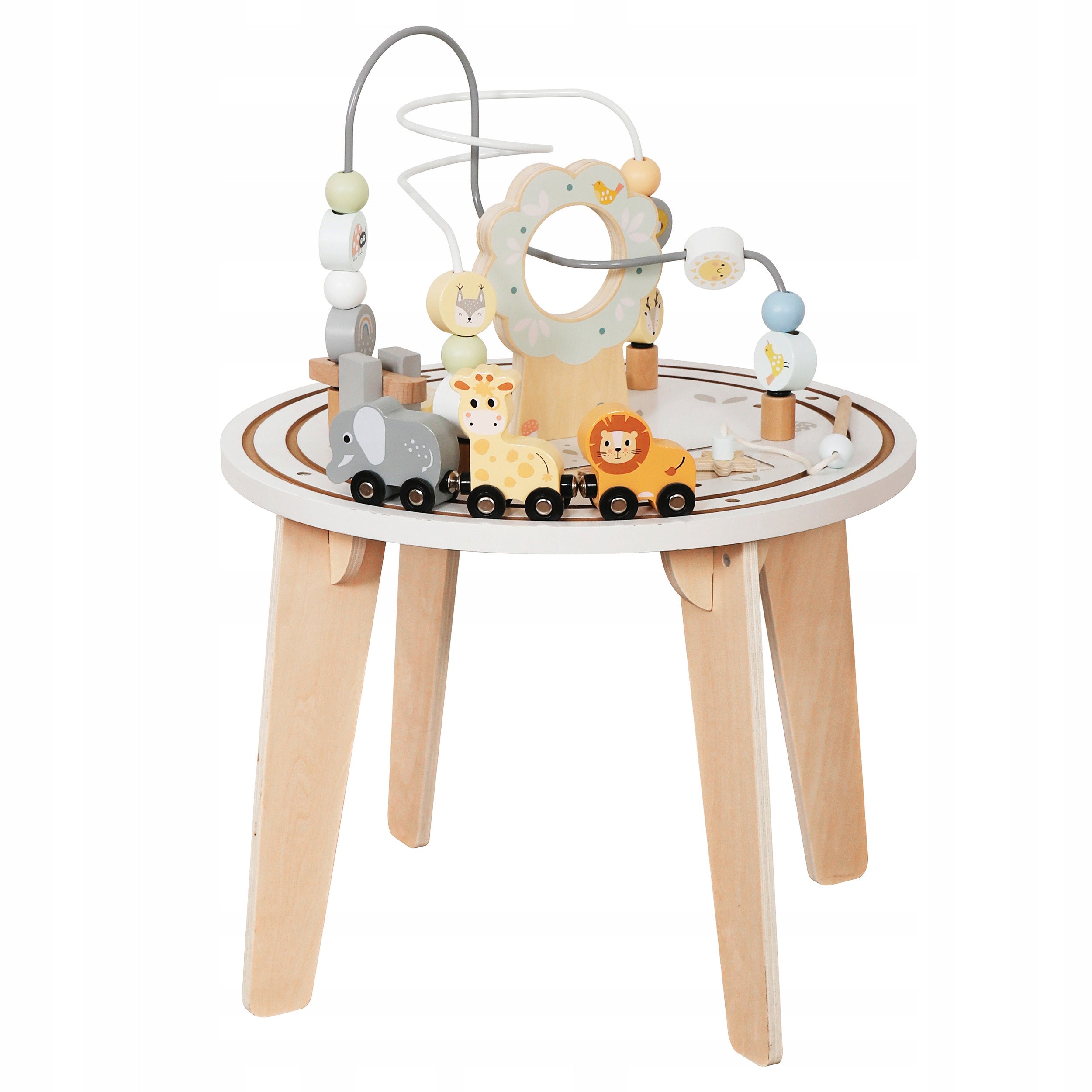 Masuta interactiva din lemn pentru copii cu labirint si jocuri motorii, 54 cm, multicolor