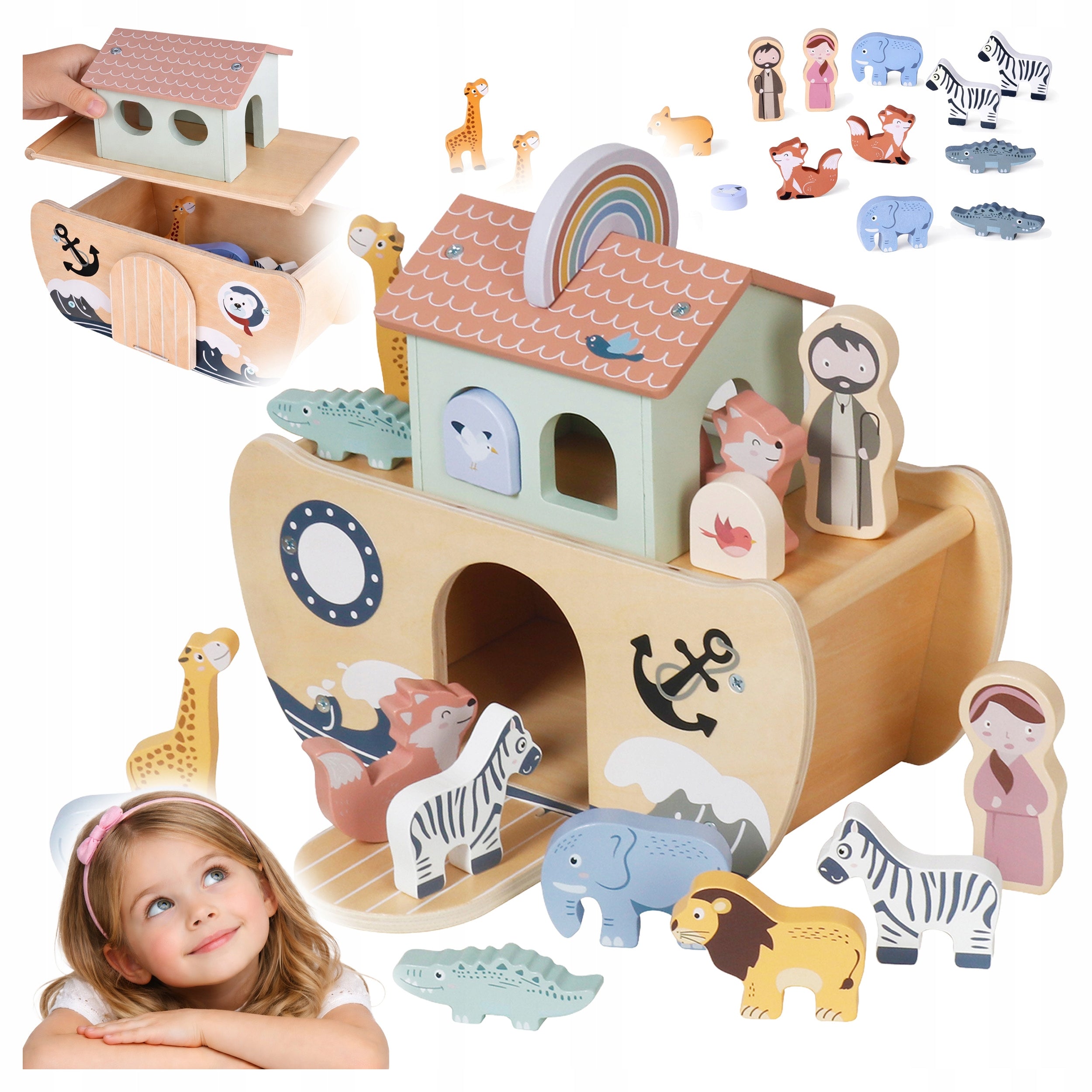 Arca lui Noe din lemn, jucarie educativa cu 17 figurine, 25x13x23 cm, multicolor